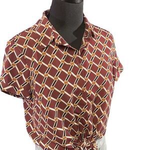 Forever 21 Geometric Pattern Tie Waist Button Down Shirt, Size Small